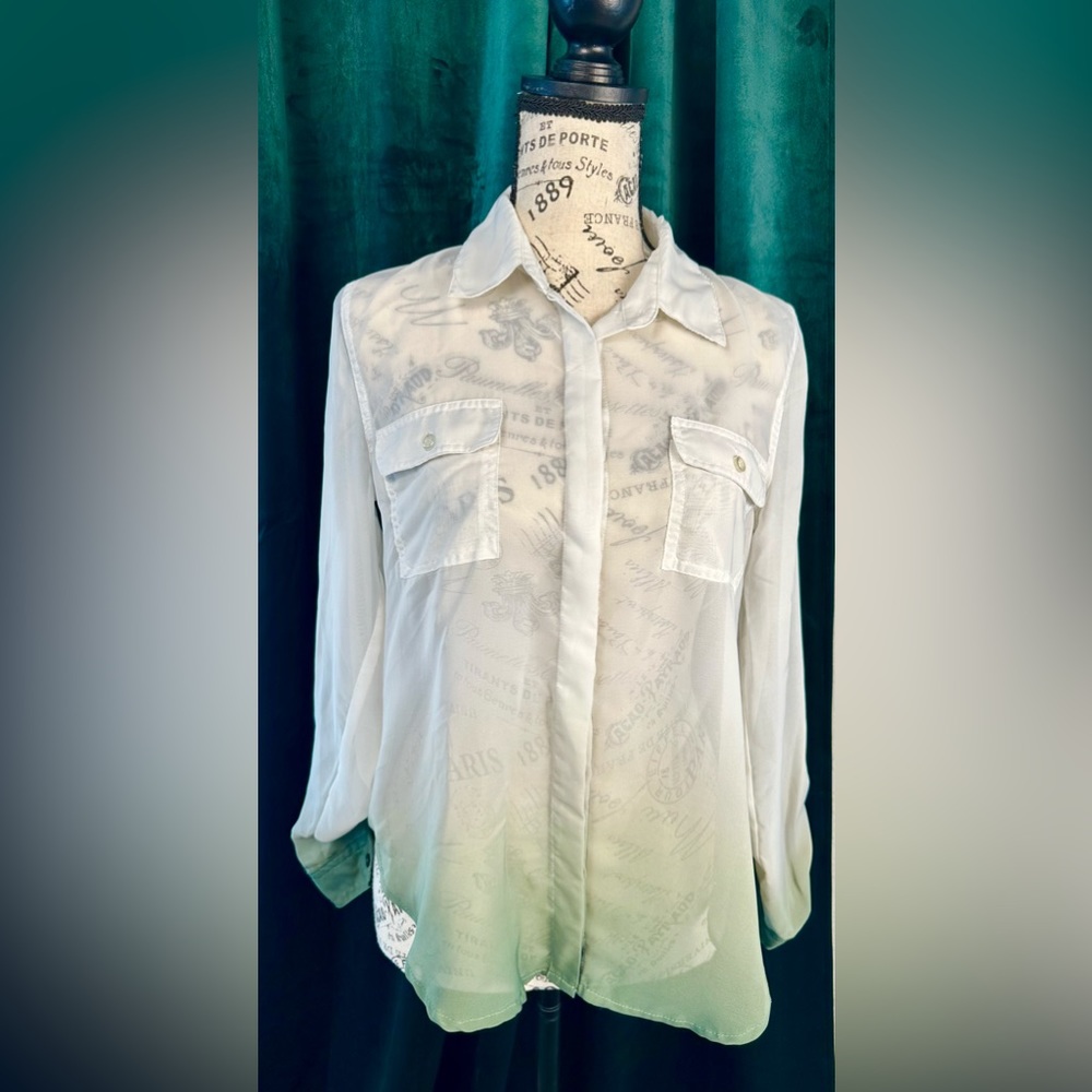 Sheer white and green long sleeve button up blouse, size small
